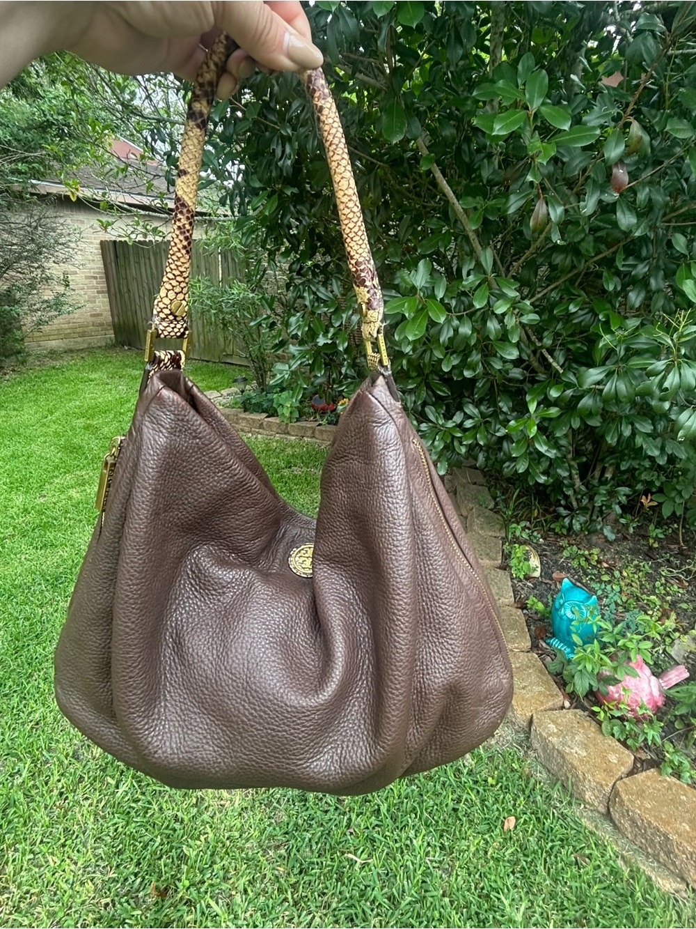 Tory Brown Leather Hobo Bag with Snake-Print Handle